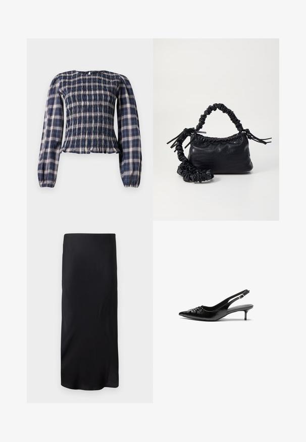 Granatowa kraciasta bluzka z długim rękawem, z gumką w talii i marszczonymi mankietami, z małym zapięciem na guzik w kształcie klucza w tylnej części dekoltu.; Czarna, bezrękawna spódnica midi wykonana z gładkiego materiału. Posiada prosty, wydłużony kształt bez wzorów czy akcentów. Prosty i minimalistyczny design.; Czarne skórzane szpilki na ramiączku z ostrym noskiem, małym słupkiem i ozdobnym węzłem z przodu. Gładka faktura na całej powierzchni.; Czarna torebka z syntetycznej skóry o teksturze krokodyla, z zaciąganym górnym zamknięciem i marszczonym paskiem. Wygląda na miękką i zwartą w designie.