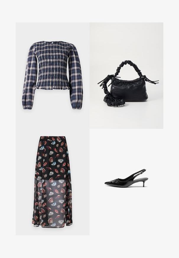 Tamsiai mėlynos spalvos langelių rašto ilgomis rankovėmis bluzonė su smulkiai rauktu kūnu ir surinktomis rankovėmis, su mažomis skylutėmis mygtukams uždaryti kaklo gale.; Juoda, permatoma maksi sijonas su elastinga juosta, puošni multicolor kriauklės ir drugelių raštu. Lengva, plazdančio audinio.; Juodos odinės slingback aukštakulniai su smailiu nosiu, mažais katės kulnais ir dekoratyvine mazgo detale priekyje. Visas paviršius lygus.; Juodas dirbtinės odos rankinė su krokodilo tekstūra, sušnibždinta viršuje ir susikraipytu dirželiu. Atrodo minkšta ir kompaktiška.