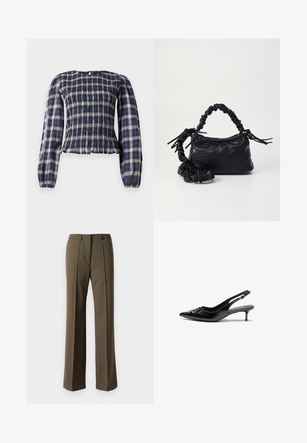 Temno modra karirana bluzica z dolgimi rokavi in smockanim pasom ter nabranimi manšetami, ki ima majhen ključavni gumb na zadnjem izrezu vratu.; Rjav krojen hlače z ravnim krojem, nabranim spredaj in klasičnim pasom. Narejene iz gladkega materiala z rafiniranim zaključkom.; Črne usnjene slingback pete z izostrenim nosom, majhno mačje peto in okrasno vozličasto podrobnostjo na sprednjem delu. Gladka tekstura po celotni površini.; Črna torbica iz umetnega usnja s krokodilovo teksturo, z zvitim vrhom in zmečkano naramico. Zdi se mehka in kompaktna v oblikovanju.