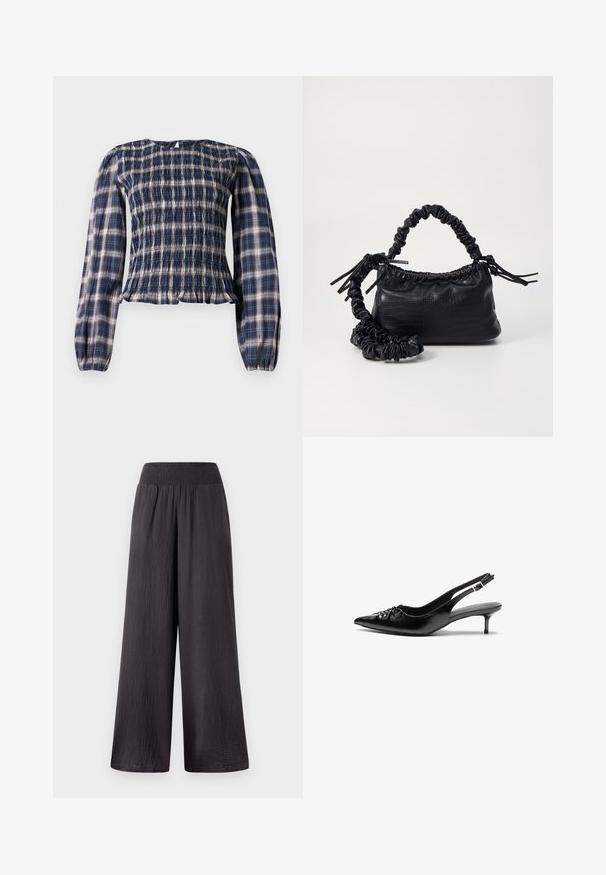 Navy blå rutete bluse med lange ermer, smock-bodice og rynkede mansjetter, med en liten nøkkelhullsknapp lukking bak i nakken.; Svarte vidde bukser med smokkepanel i midjen, laget av lett teksturert stoff, med løs passform og hel lengde.; Sorte skinnert remsandaler med spiss tå, liten kittenhæl og en dekorativ knute detalj foran. Glatt tekstur gjennom hele.; Svart faux skinn-håndveske med krokodilletekstur, strammet topp og en rynket stropp. Ser myk og kompakt ut i designen.