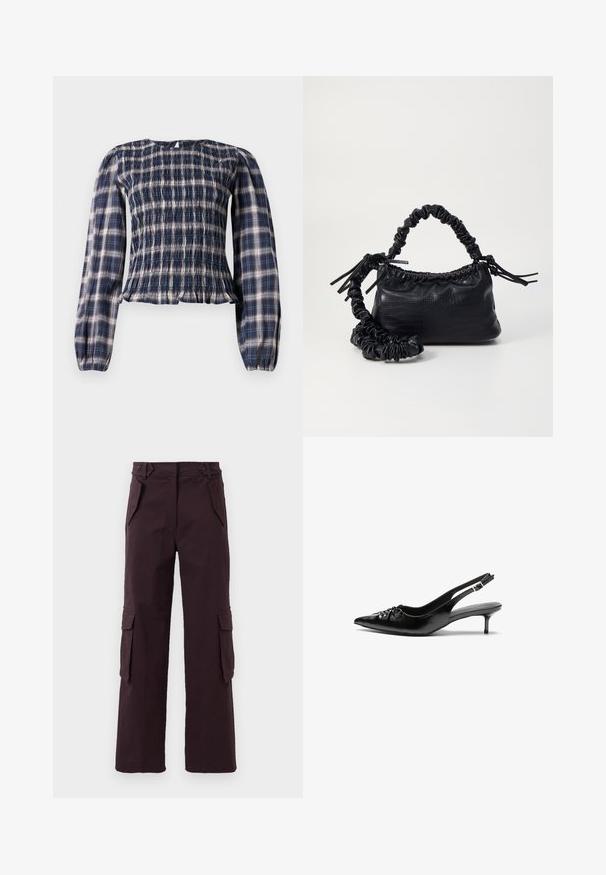 Tmavomodrá kostičkovaná blůza s dlouhým rukávem a nabíraným trupem, s malým klíčkovým zapínáním na knoflík vzadu u výstřihu.; Tmavě fialové rovné cargo kalhoty s dělenými kapsami na bocích, šikmými předními kapsami a poutky na opasek v pase.; Černé kožené lodičky na slingback s špičatou špičkou, malým podpatkem typu kitten a ozdobným uzlem na přední straně. Hladký povrch po celém obvodu.; Černá kabelka z umělé kůže s krokodýlím vzorem, staženým vrškem a zmačkaným popruhem. Zdá se, že má měkký a kompaktní design.