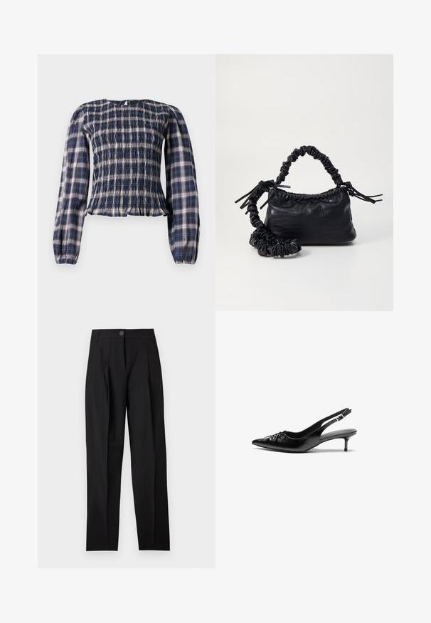 Tumedan sinise ruudulise mustriga pikka varrukaga pluus, millel on kummist kehapingutus ja kogutud mansetid, tagaküljel väikese avaga nööbiga kaeluses.; Mustad tikitud püksid, millel on kõrge vöökoht, voldid ja nööpkinnitus. Valmistatud siledast kangast, sirgete säärtega ja ilma nähtavate mustriteta.; Musthave nahkased kõrged kontsad, millel on terav varvas, väike kitten-kont ja dekoratiivne sõlm ees. Ühtlane sile tekstuur.; Must must sünteetilisest nahast käekott, millel on krokodillimuster, kokku tõmmatav ülaosa ja kortsus rihm. Tundub pehme ja kompaktne disain.