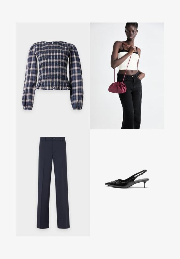 Tamno plavi karirani bluzon dugih rukava s gumenim dijelom i nabranim manžetama, s malim otvorom za dugme na stražnjem izrezu vrata.; Tamnoplave hlače ravnog kroja izrađene od glatke tkanine. Opremljene su prednjim zatvaranjem na dugme i bočnim džepovima. Jednostavan i moderan dizajn.; Crne kožne sandale na petu s ikkrenim nosom, malom kitten petom i dekorativnom mašnom sprijeda. Glatka tekstura svuda.; Bordo mekani torbeni sakupljenog dizajna s dugom trakicom, nošenom preko tijela. Model nosi bijelu kratku majicu i crne traperice.
