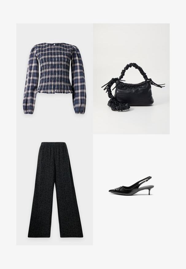 Blusa de manga longa xadrez azul marinho com corpete franzido e punhos franzidos, apresentando um pequeno fecho de botão em forma de chave na parte de trás do decote.; Calças largas pretas com uma cintura elástica, apresentando um padrão floral subtil delineado em uma tonalidade mais escura. Textura do tecido suave.; Sapatos de salto alto slingback em couro preto com bico fino, pequeno salto kitten e um detalhe decorativo em forma de nó na parte da frente. Textura suave em toda a parte.; Bolsa de mão em couro sintético preto com textura de crocodilo, topo franzido e alça enrugada. Apresenta um design suave e compacto.