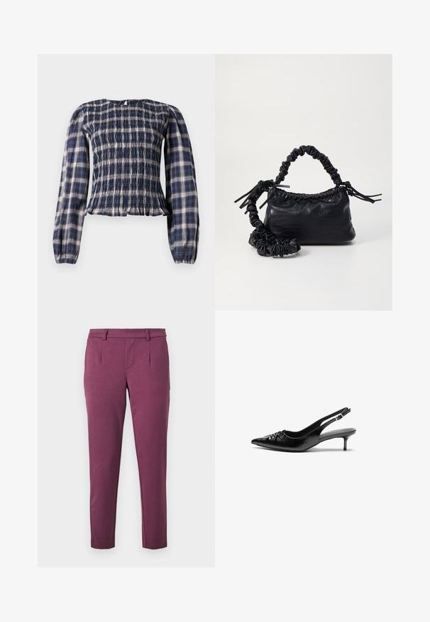 Marineblauwe geruite lange mouwen blouse met een smock-borstel en gathered manchetten, met een kleine sleutelgat knoopsluiting in de achterkant van de halslijn.; Rechtafgeschoten, pruimkleurige broeken met riemlussen, zijzakken en een op maat gemaakte tailleband op een witte achtergrond.; Zwarte leren slingback hakken met een spitse neus, kleine kittenhak en een decoratieve knoopdetail aan de voorkant. Smooth textuur overal.; Zwarte nepleer handtas met een krokodillenstructuur, opgedroogde bovenkant en een gekreukte hengsel. Het lijkt zacht en compact van ontwerp.