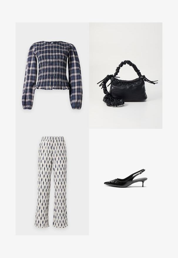 Tumedan sinise ruudulise mustriga pikka varrukaga pluus, millel on kummist kehapingutus ja kogutud mansetid, tagaküljel väikese avaga nööbiga kaeluses.; Kreemivärvi laiad püksid, millel on korduv tumesinine tilgakujuline muster. Painduva voltimisvööd ja pehme tekstuur suurendavad mugavust.; Mustad nahast rihmikud terava nina, madala kassisaba kand ja volditud detailiga eespool. Siledat tekstuuri ja minimalistlikku disaini.; Must must sünteetilisest nahast käekott, millel on krokodillimuster, kokku tõmmatav ülaosa ja kortsus rihm. Tundub pehme ja kompaktne disain.