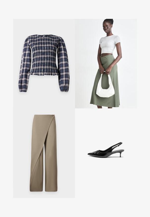 Marineblaue karierte Bluse mit langen Ärmeln, smocktem Oberteil und gerafften Manschetten, ausgestattet mit einer kleinen Schlüsselöffnung und Knopfverschluss am hinteren Halsausschnitt.; Beige weite Hosen mit drapiertem Vorderteil, ausgestattet mit einem einzelnen Knopfverschluss und einer glatten, leichten Stoffstruktur.; Schwarze Leder-Slingback-Absätze mit einer spitzen Zehenform, kleinen Kitten-Absätzen und einem dekorativen Knoten-Detail auf der Vorderseite. Glatte Textur über die gesamte Fläche.; Grauer gerippter Croptop und olivgrüner Rock mit hoher Taille. Das Modell hält eine weiße Schultertasche mit Ausschnittdetails. Schlichte Gestaltung, taillierte Silhouette.