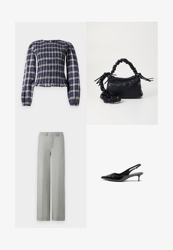 Marineblauwe geruite lange mouwen blouse met een smock-borstel en gathered manchetten, met een kleine sleutelgat knoopsluiting in de achterkant van de halslijn.; Grijze broek met wijde pijpen van een lichtgewicht stof, met een platte voorkant, riemlussen en schone, getailleerde lijnen zonder zichtbare patronen.; Zwarte leren slingbackhakken met een spitsen neus, lage kittenhak en geplooide details op het bovendeel. Gladde textuur en minimalistisch ontwerp.; Zwarte nepleer handtas met een krokodillenstructuur, opgedroogde bovenkant en een gekreukte hengsel. Het lijkt zacht en compact van ontwerp.
