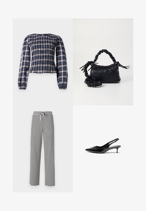 Tummansininen ruudullinen pitkähihaisbluus, jossa on smokattupinta ja kerätty hihansuu, sekä pieni avainaukko-napitus takana kaula-aukon kohdalla.; Musta-valkoiset raidalliset leveälahkeiset housut, joissa on kiristettävä vyötärö. Pehmeää materiaalia ja rento istuvuus. Vaakasuorat raidat kauttaaltaan.; Mustat nahkaiset slingback-korkokengät, joissa on terävä kärki, pieni kitten-korko ja koristeellinen solki edessä. Yksinkertainen pinta kauttaaltaan.; Must-have mustekahvi nahkalaukku krokotiiliaistalla, kiristetty yläosa ja rypistetty hihna. Näyttää pehmeältä ja kompaktilta muotoilultaan.