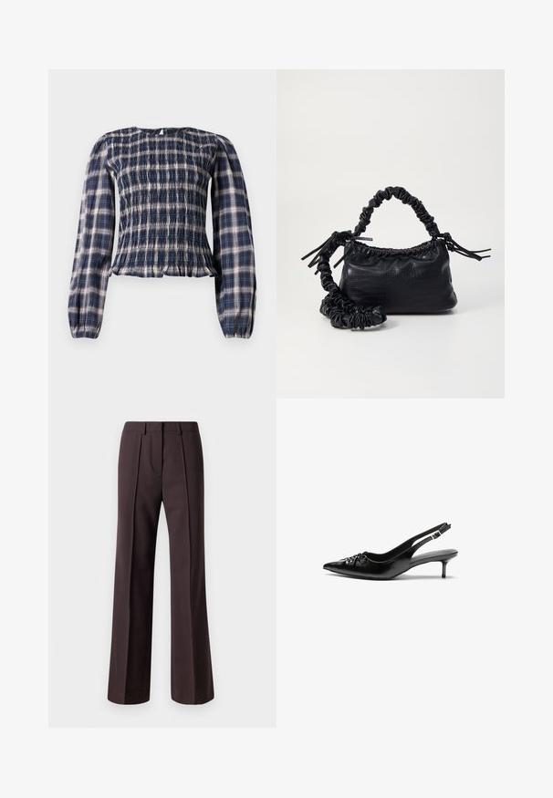 Temno modra karirana bluzica z dolgimi rokavi in smockanim pasom ter nabranimi manšetami, ki ima majhen ključavni gumb na zadnjem izrezu vratu.; Svetlo rjav širokoleseni hlače iz temno rjave tkanine se ponašajo z elegantno zasnovo, ki vključuje sprednje pregibe in gladko teksturo, primerne za formalne priložnosti.; Črne usnjene slingback pete z izostrenim nosom, majhno mačje peto in okrasno vozličasto podrobnostjo na sprednjem delu. Gladka tekstura po celotni površini.; Črna torbica iz umetnega usnja s krokodilovo teksturo, z zvitim vrhom in zmečkano naramico. Zdi se mehka in kompaktna v oblikovanju.