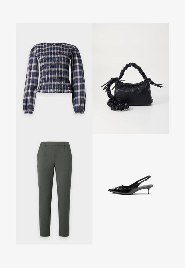 Marineblaue karierte Bluse mit langen Ärmeln, smocktem Oberteil und gerafften Manschetten, ausgestattet mit einer kleinen Schlüsselöffnung und Knopfverschluss am hinteren Halsausschnitt.; Dunkelgrüne Hose mit maßgeschneidertem Schnitt, ausgestattet mit zwei Seitentaschen, einem Reißverschluss und Falten für ein strukturiertes Design.; Schwarze Leder-Slingback-Absätze mit einer spitzen Zehenform, kleinen Kitten-Absätzen und einem dekorativen Knoten-Detail auf der Vorderseite. Glatte Textur über die gesamte Fläche.; Schwarze Handtasche aus Kunstleder mit Krokodilstruktur, gerafftem oberen Teil und einem geschoppten Tragegurt. Sie wirkt weich und kompakt im Design.