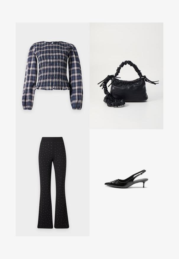 Tamno plavi karirani bluzon dugih rukava s gumenim dijelom i nabranim manžetama, s malim otvorom za dugme na stražnjem izrezu vrata.; Crne široke hlače sa ravnomjerno raspoređenim malim bijelim točkicama i običnim pojasom na bijeloj pozadini.; Crne kožne sandale na petu s ikkrenim nosom, malom kitten petom i dekorativnom mašnom sprijeda. Glatka tekstura svuda.; Crna torba od umjetne kože s teksturom krokodila, s cinčanim vrhom i naboranom trakom. Izgleda mekano i kompaktno u dizajnu.