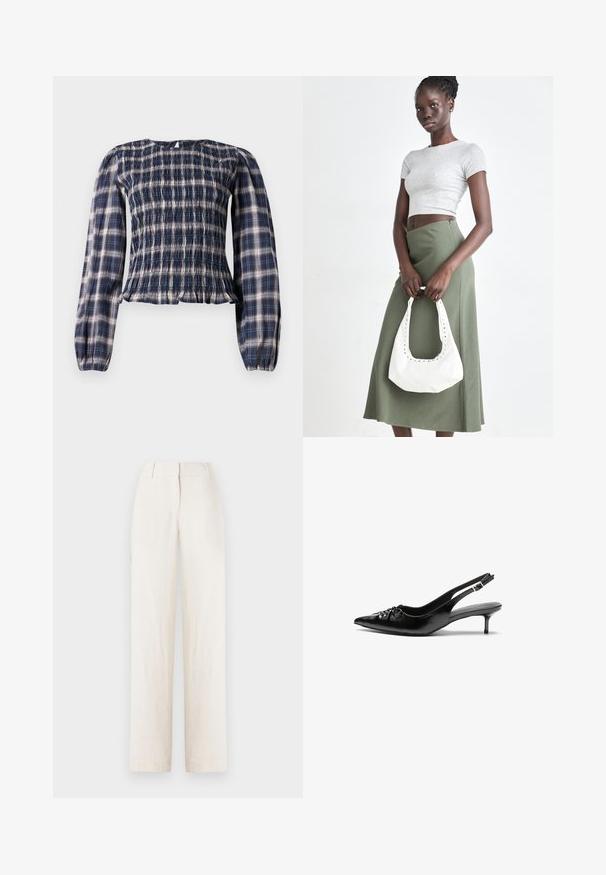 Jūras spēku zila raiba blūze ar garām piedurknēm, pieguļošu krūšu daļu un savērptiem aproces galiem, ar mazu atslēgas caurumu pogu aizdari aizmugurē pie kakla.; Linu bikses gaisā bežā krāsā ar taisna kāju dizainu, kurām ir josta un priekšējie krokas papildu detalizācijai.; Melni ādas sandales ar norādītu pirkstu, mazu kaķa papēdi un dekoratīvu mezglu detaļu priekšā. Gluda tekstūra visā virsmā.; Pelēks ribots īsais tops un olīvzaļš augstās vidukļa svārki. Modelis tur baltu plecu somu ar izgriezumiem. Vienkāršs dizains, pieguloša silueta.