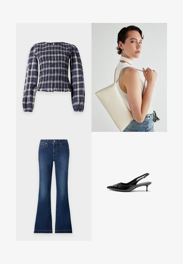 Mörkblå rutigt långärmad blus med smockad kropp och samlade manchetter, med en liten nyckelhålsknappsomkoppling vid bakre nacklinjen.; Utsvängda jeans i mörkblått, med framfickor, metalldetaljer och subtila sömnadsdetaljer. Bomullstyg med en slät yta.; Svarta läder slingback klackar med spetsig tå, liten kittenklack och en dekorativ knutdetalj på framsidan. Slät textur hela vägen.; Vitt rektangulärt clutch-väsk i glänsande material, med en kedjesnor i silver. Modellen poserar och visar upp väskan mot en neutral bakgrund.