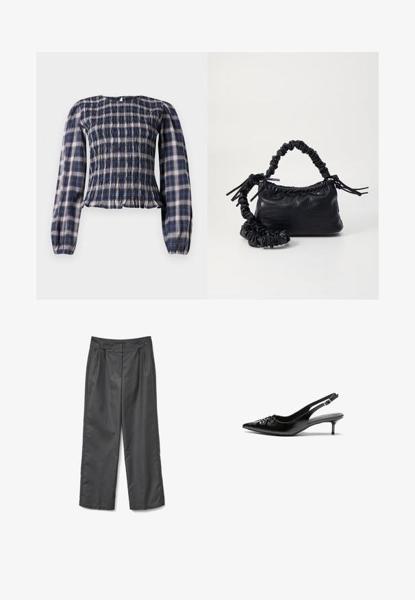 Navy blå rutete bluse med lange ermer, smock-bodice og rynkede mansjetter, med en liten nøkkelhullsknapp lukking bak i nakken.; Grå vide bukser i glat stof med to frontfolder, to knapper i taljen og en lige kant.; Sorte skinnert remsandaler med spiss tå, liten kittenhæl og en dekorativ knute detalj foran. Glatt tekstur gjennom hele.; Svart faux skinn-håndveske med krokodilletekstur, strammet topp og en rynket stropp. Ser myk og kompakt ut i designen.