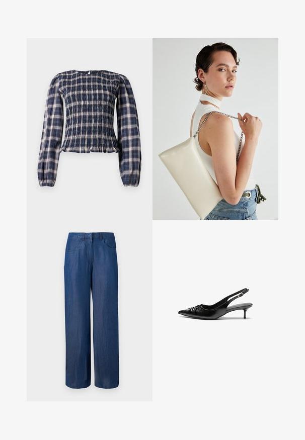 Blusa a maniche lunghe a scacchi blu navy con corpo smockato e polsi arr gathered, con chiusura a bottone a chiave sul retro del collo.; Pantaloni in denim a gamba larga di colore blu scuro. Realizzati in cotone con una texture liscia. Presentano due tasche anteriori e una chiusura con bottone in vita.; Tacchi slingback in pelle nera con punta affusolata, piccolo tacco kitten e un dettaglio a nodo decorativo sulla parte anteriore. Texture liscia su tutta la superficie.; Borsa a pochette rettangolare bianca realizzata in materiale lucido, con una tracolla in catena argentata. Il modello posa, mostrando la borsa su uno sfondo semplice.