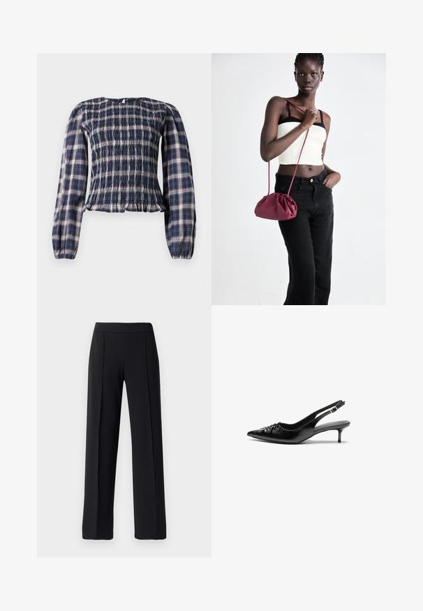 Navy blue plaid long-sleeve blouse with smocked bodice and gathered cuffs, featuring a small keyhole button closure at the back neckline.; Black tailored pants with a wide leg design, made from a smooth, stretchy fabric; features front pleats and an elastic waistband.; Black leather slingback heels with a pointed toe, low kitten heel, and gathered detail on the vamp. Smooth texture and minimalist design.; Burgundy soft fabric handbag with a gathered design and a long strap, worn crossbody. Model wears a white crop top and black jeans.