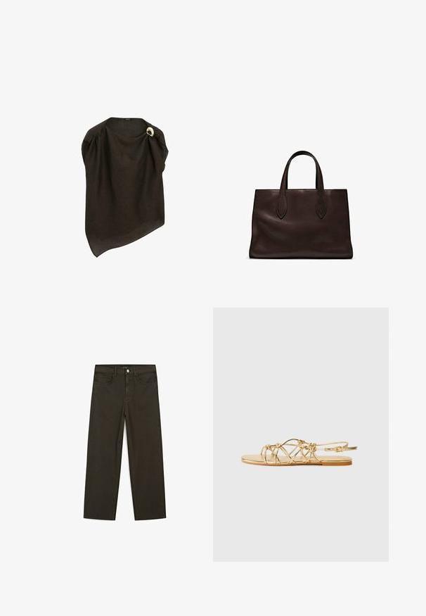 Brown linen poncho with asymmetrical design and draping. Features a gold circular accent pin on the shoulder. Lightweight texture.; Dark green wide-leg jeans made of cotton blend, featuring a front button closure, five pockets, and classic denim stitching.; Gold, strappy flat sandal with woven design, adjustable ankle strap, smooth metallic finish, and a simple flat sole.; Brown leather tote bag with two elongated handles, structured rectangular shape, smooth texture, and subtle stitching details.