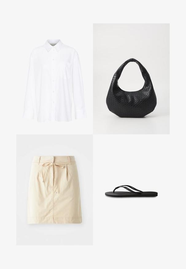Valkoinen pitkähihainen kauluspaita, joka on valmistettu puuvillasta. Paidassa on napitettava etuosuus ja yksi rintatasku. Pehmeä pinta, rento malli.; Hame khaki yang terbuat dari kain ringan dengan pinggang yang pas, detail tali serut, lipatan, dan jahitan yang halus. Tekstur yang halus.; Mustat flip-flopit, joissa on röpelöinen kumipohja, kaksi hoikkaa remmiä ja hillitty, kohokuvioitu logotyyli remmissä.; Mustan kudotun käsilaukun, jossa on kaareva kahva, teksturoitu pinta ja löysä muoto. Suora viimeistely, jolla on orgaaninen siluetti.