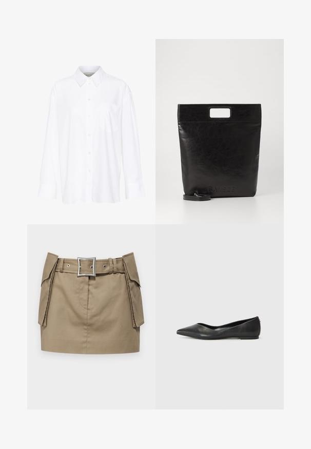 White long-sleeve collared shirt made of cotton. Features a button-down front and a single chest pocket. Smooth texture, relaxed fit.; Khaki mini skirt with a wide belt featuring a square silver buckle, side pockets, and a smooth, durable fabric texture.; Black leather ballet flat with a pointed toe, low heel, and smooth texture. Minimal design with a subtle side accent.; Black leather tote bag with a square handle, featuring a textured finish and embossed logo. Includes a detachable strap.