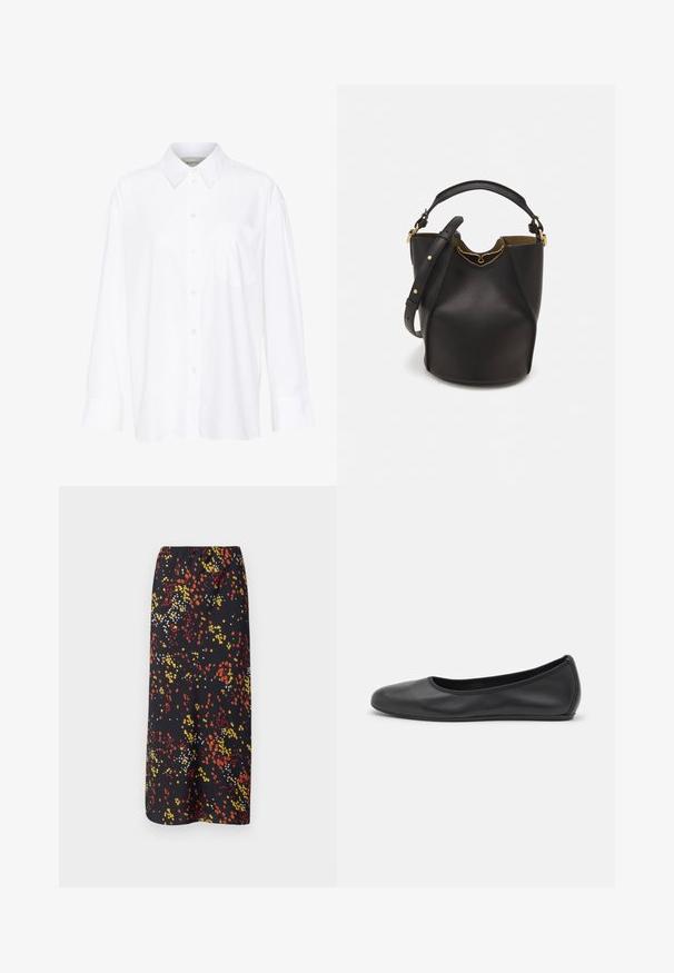Chemise blanche à manches longues avec col, en coton. Présente un devant à boutons et une poche poitrine unique. Texture lisse, coupe décontractée.; MAX&Co. PENNA - Jupe longue - black; Ballerines en cuir noir avec un bout rond, texture lisse, détails de couture minimalistes et design de semelle flexible.; Sac seau en cuir noir avec une finition texturée, accents en matériel doré et une ouverture en haut. Il dispose d'une courte poignée et d'une sangle d'épaule réglable.