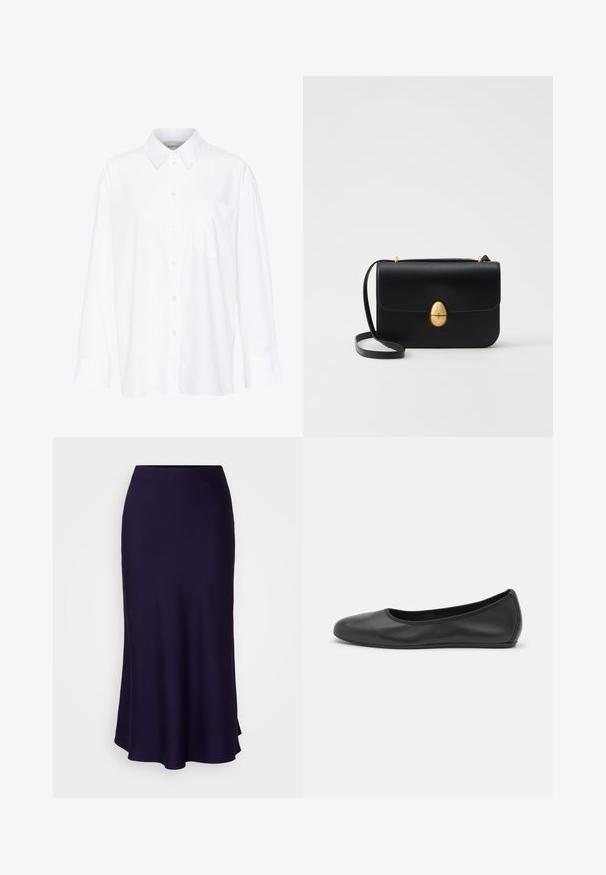 White long-sleeve collared shirt made of cotton. Features a button-down front and a single chest pocket. Smooth texture, relaxed fit.; Navy midi skirt made of soft fabric, featuring a fitted waist and flared hem. Smooth texture with no visible patterns or embellishments.; Black leather ballet flat with a rounded toe, smooth texture, minimal stitching detail, and a flexible sole design.; Black leather handbag with a structured rectangular shape. Features a golden oval clasp and a thin shoulder strap. Smooth texture.