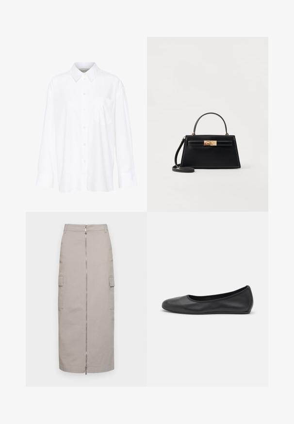 Weißes Langarmhemd mit Kragen aus Baumwolle. Verfügt über eine durchgehende Knopfleiste und eine Brusttasche. Glatte Textur, lockere Passform.; Knielanger grauer Rock aus Baumwolle mit einem Reißverschluss vorne und zwei seitlichen Taschen, mit geradem Schnitt und klaren Linien.; Schwarze Leder-Ballettschuhe mit abgerundeter Spitze, glatter Textur, minimalen Nähdetails und einem flexiblen Sohlen-Design.; Schwarze Lederhandtasche mit einer strukturierten trapezförmigen Form, goldfarbener Beschläge und kontrastierenden weißen Nähten. Mit einem kurzen Griff und einem langen Tragegurt.