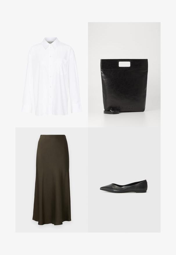White long-sleeve collared shirt made of cotton. Features a button-down front and a single chest pocket. Smooth texture, relaxed fit.; Dark green, satin-finish, long skirt with a flared hemline and smooth texture. Simple design, no visible patterns or hardware.; Black leather ballet flat with a pointed toe, low heel, and smooth texture. Minimal design with a subtle side accent.; Black leather tote bag with a square handle, featuring a textured finish and embossed logo. Includes a detachable strap.
