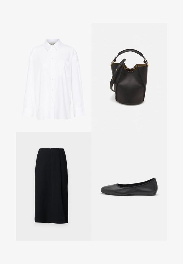 Biela košeľa s dlhým rukávom a golierom vyrobená z bavlny. Má zapínanie na gombíky vpredu a jednu náprsníku vrecko. Hladká textúra, voľný strih.; WEEKEND MaxMara DEBORAH - Puzdrová sukňa - nero; Čierne kožené baleríny s okrúhlou špičkou, hladkým povrchom, minimálnym prešívaním a flexibilným dizajnom podrážky.; Čierna kožená vedro taška s textúrovaným povrchom, zlatými kovovými detailami a otvoreným vrcholom. Obsahuje krátku rukoväť a nastaviteľný ramenný popruh.