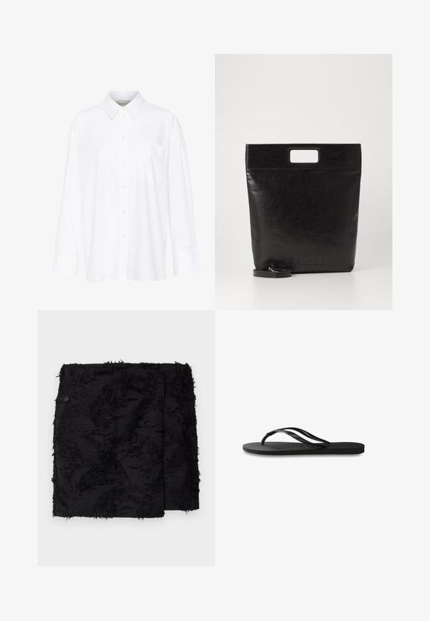 Valge pika käisega krae särg, mis on valmistatud puuvillast. Omab nööbipaneeli esiosa ja ühte rinna taskut. Sujuv tekstuur, vabalt lõigatud.; Mustmustük, millel on tekstureeritud kangas ja narmastega detailid. Neljakandiline kuju, põlve kohal pikkus ning külgmine nupudetail.; Mustad mustes suss, millel on tekstureeritud kummist põhi, kaks peenikest rihma ja tagasihoidlik, reljeefne logo detail rihmal.; Must mustrikotest läikega must nahast kott ruudukujulise käepidemega, millel on tekstuuriga viimistlus ja reljeefne logo. Kohandatav rihm on eemaldatav.