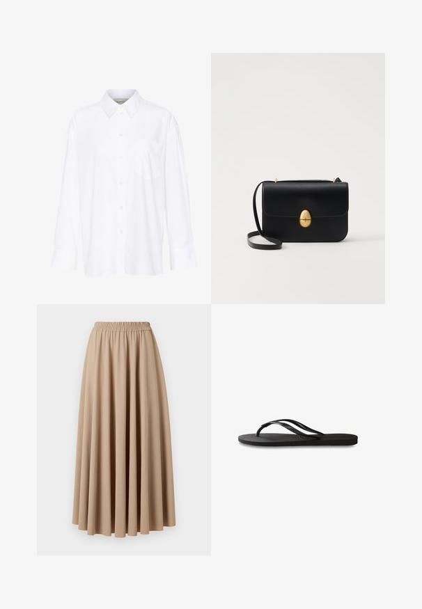 Biela košeľa s dlhým rukávom a golierom vyrobená z bavlny. Má zapínanie na gombíky vpredu a jednu náprsníku vrecko. Hladká textúra, voľný strih.; Bežová maxi sukňa s elastickým pásom, vyrobená z jemnej tkaniny s voľným, skladaným dizajnom. Hladká textúra, jednotná farba.; Čierne žabky s textúrovanou gumovou podrážkou, dvoma štíhlymi popruhmi a diskrétnym embosovaným logom na popruhu.; Čierna kožená kabelka so štruktúrovaným obdĺžnikovým tvarom. Obsahuje zlaté oválne zapínanie a tenký ramenný popruh. Hladká textura.