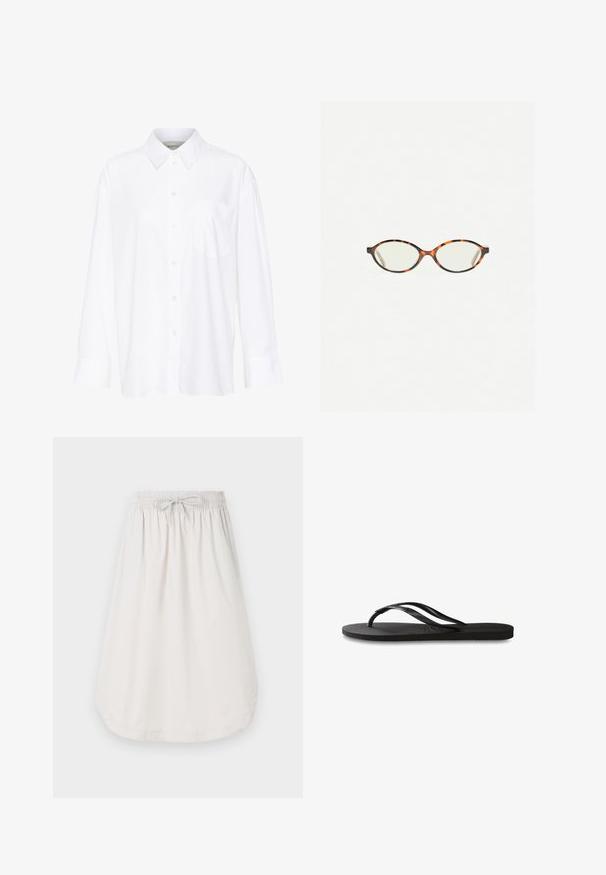Valkoinen pitkähihainen kauluspaita, joka on valmistettu puuvillasta. Paidassa on napitettava etuosuus ja yksi rintatasku. Pehmeä pinta, rento malli.; New Balance A-linjainen hame - grey matter; Mustat flip-flopit, joissa on röpelöinen kumipohja, kaksi hoikkaa remmiä ja hillitty, kohokuvioitu logotyyli remmissä.; Kilpikonnakuosiset silmälasit, joissa on soikeat linssit ja tyylikäs, sileä pinta. Ominaisuudet: ohuet sivut, joissa on hienovarainen kaari temppeleissä. Kirkkaat linssit.; Mango Shopping bag - dark brown
