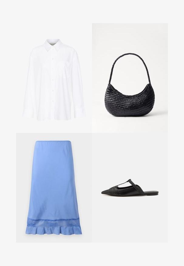 Biała, długosleeve'owa koszula z kołnierzykiem, wykonana z bawełny. Posiada zapięcie na guziki z przodu oraz jedną kieszeń na piersi. Gładka tekstura, luźny krój.; Jasnoniebieska spódnica do kolan z gładkiego materiału, z falbaniastym dołem i siateczkowym akcentem blisko krawędzi. Prosta konstrukcja na gumkę.; Czarny skórzany but na odkrytej pięcie z pointed toe, ozdobiony plecionym akcentem i plisowanym wzorem górnej części. Płaska podeszwa z minimalnymi elementami.; DRAGON DIFFUSION NOVA LUNA czarny
