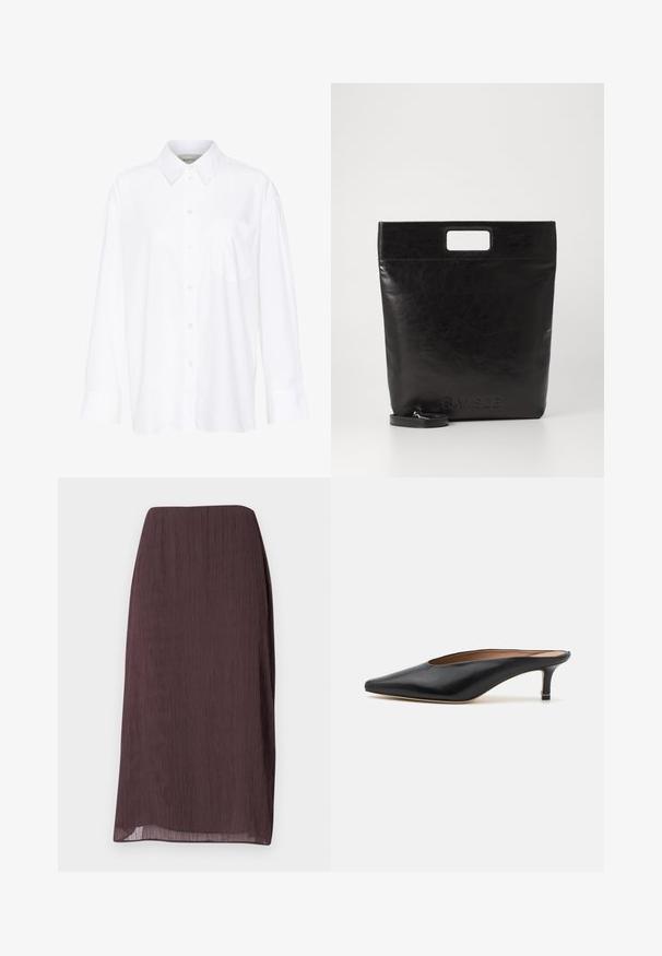 Baltais garo piedurkņu krekls ar apkakli, izgatavots no kokvilnas. Aprīkots ar pogu aizdari priekšā un vienu krūšu kabatu. Gluda tekstūra, brīvs piegriezums.; Tumši brūna, līdz ceļiem garā svārku izgatavoti no viegla, krokota auduma. Ir taisnas formas ar subtilu spīdumu un bez redzamiem aksesuāriem.; Melnas ādas mūlas ar norādītu pirkstu un zemu, bloku papēdi. Gluda tekstūra ar elegantu dizainu. Atvērta aizmugure ar minimālu detaļu skaitu.; Melna ādas tote soma ar kvadrātveida rokturi, ar teksturētu apdari un iespiestu logo. Ietver noņemamu siksnu.