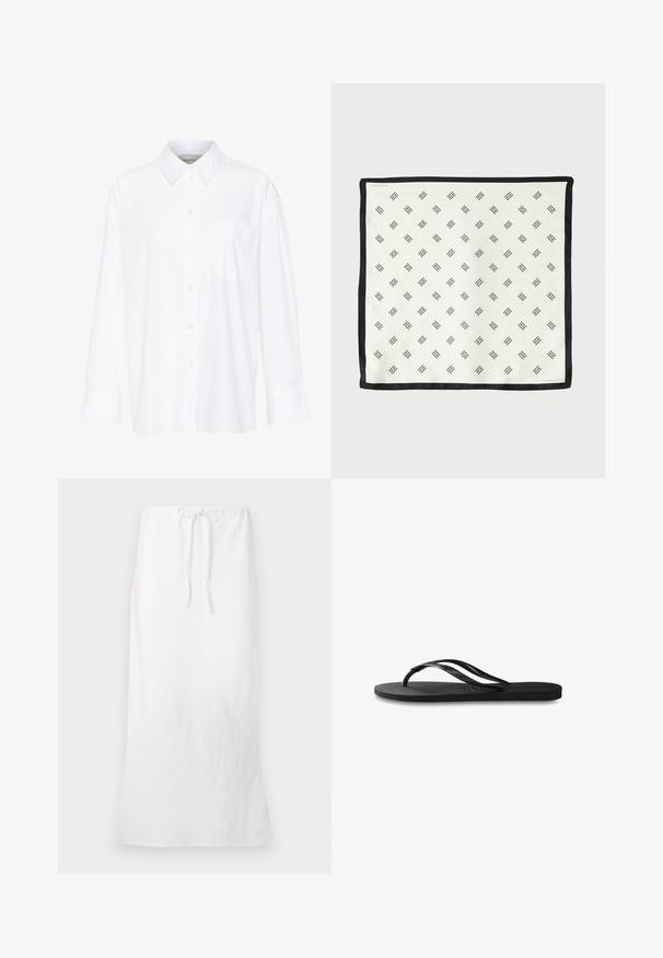 Weißes Langarmhemd mit Kragen aus Baumwolle. Verfügt über eine durchgehende Knopfleiste und eine Brusttasche. Glatte Textur, lockere Passform.; Weißer Leinen-Maxi-Rock mit elastischem Bund und Kordelzug. Sanfte Textur, gerade Silhouette und knielanger Schnitt.; Schwarze Flip-Flops mit einer strukturierten Gummisohle, zwei schlanken Riemen und einem dezenten, geprägten Logo-Detail auf dem Riemen.; Weißes Seidentuch mit einem sich wiederholenden schwarzen geometrischen Muster, eingerahmt von einem solid schwarzen Rand. Leicht und mit glatter Textur.