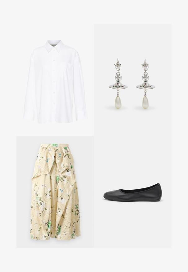 Bílá košile s dlouhým rukávem a límečkem vyrobená z bavlny. Má knoflíkovou přední část a jedno kapsičku na prsou. Hladký povrch, volný střih.; Květinová maxi sukně z mačkané žluté tkaniny, s zelenými a modrými květinovými vzory, vysokým pasem a vrstvenými volány pro objem.; Černé kožené baletní byty s kulatou špičkou, hladkou texturou, minimálními švy a flexibilním designem podrážky.; Stříbrné náušnice s kruhovým kroužkem, zdobené třpytivými kameny a kapkovou perlou jako přívěskem. Výrazný design s propracovanými detaily.