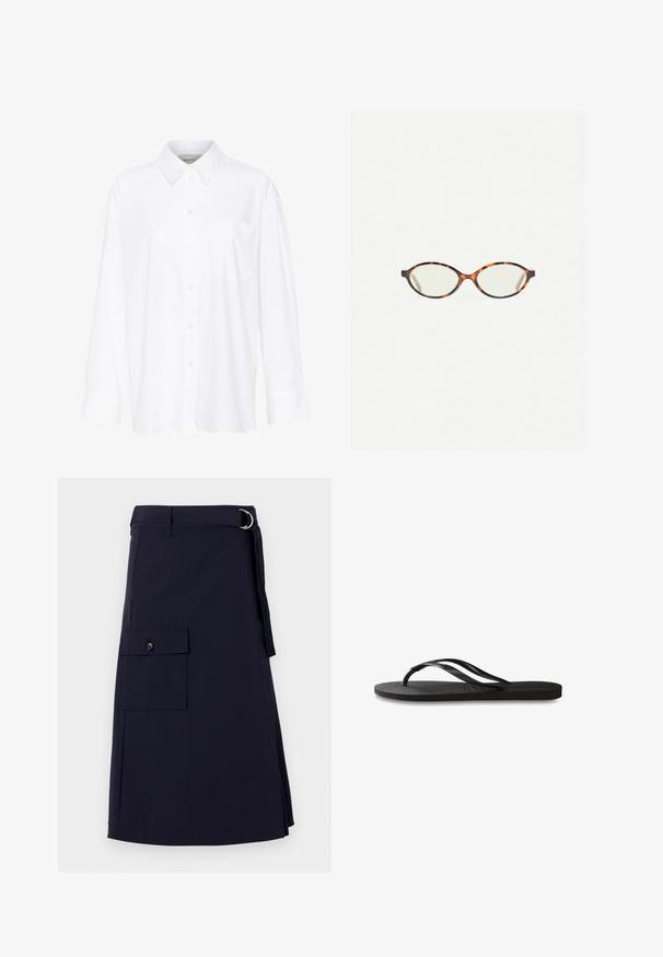 Bela dolga majica s kragnico iz bombaža. Ima gumbno zapenjanje spredaj in eno žep na prsih. Gladka tekstura, sproščen kroj.; Temno modra krila s strukturiranim dizajnom, ki vsebuje stransko cargo žep in kovinski D-obročkov pasni dodatek. Narejena iz trpežnega materiala.; Črne natikače z teksturirano gumijasto podlogo, dvema ozkima trakoma in subtilnim, vtisnjenim logom na traku.; Kornjačaste očala z ovalnimi lečami in gladko, sijočo površino. Imajo tanke stranice z rahlim ovinkom na templjih. Prosojne leče.