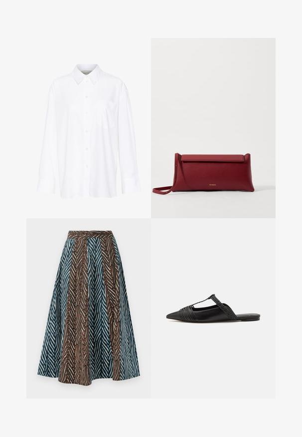 White long-sleeve collared shirt made of cotton. Features a button-down front and a single chest pocket. Smooth texture, relaxed fit.; Brown and blue midi skirt featuring a zigzag pattern, pleated design, and a fitted waistband. Made of lightweight fabric.; Black leather slingback shoe with a pointed toe, featuring a woven accent and pleated upper design. Flat sole with minimal hardware.; Red leather clutch bag with a textured finish, featuring a flat fold-over top and a short strap. Subtle brand logo on the front.