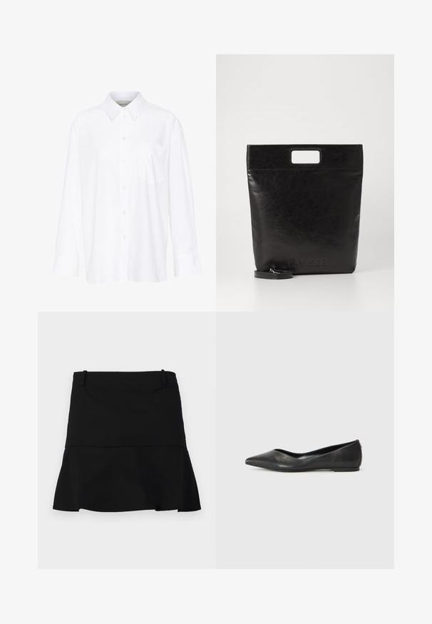 Camicia bianca a maniche lunghe con colletto in cotone. Caratterizzata da una chiusura con bottoni e una tasca sul petto singola. Tessuto liscio, vestibilità comoda.; Gonna nera corta con leggere svasature all'orlo e passanti per la cintura sul bordo vita, su uno sfondo bianco.; Ballerine in pelle nera con punta affusolata, tacco basso e texture liscia. Design minimale con un sottile dettaglio laterale.; Borsa tote in pelle nera con manico quadrato, caratterizzata da una finitura testurizzata e logo impresso. Include una tracolla rimovibile.