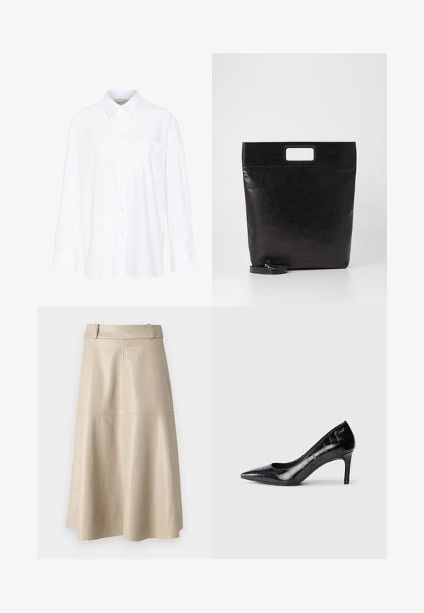 Hvit langermet skjorte med krage laget av bomull. Den har en knappestolpe foran og en enkelt brystlomme. Glatt tekstur og avslappet passform.; Beige skinnederett midi med en glatt tekstur, bred midjebånd og flagrende kant; har sydd sømmer for ekstra detaljer.; Sorte spisse høye hæler med en blank finish og et subtilt teksturmønster. Har en moderat hæl og åpen halsdesign.; Svart lær tote veske med firkantet håndtak, med teksturert overflate og preget logo. Inkluderer en avtagbar stropp.