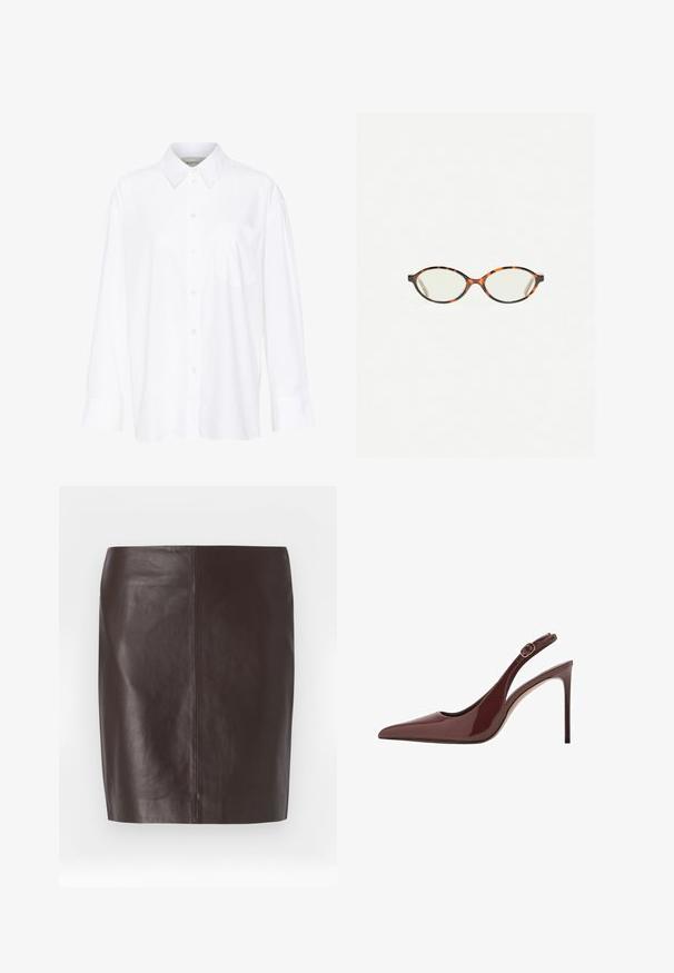 Chemise blanche à manches longues avec col, en coton. Présente un devant à boutons et une poche poitrine unique. Texture lisse, coupe décontractée.; Jupe en cuir brun avec une coupe droite, texture lisse et couture minimale. Présente un design mi-long sans embellissements.; Escarpin à talon aiguille en cuir verni marron foncé, à bout pointu, avec une bride réglable et une fine semelle.; Lunettes en écaille de tortue avec des verres ovales et une finition lisse et élégante. Présente des branches fines avec une courbure subtile au niveau des tempes. Verres transparents.