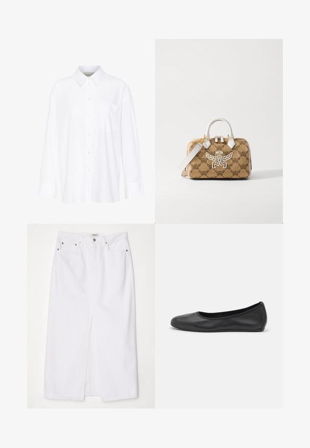 Weißes Langarmhemd mit Kragen aus Baumwolle. Verfügt über eine durchgehende Knopfleiste und eine Brusttasche. Glatte Textur, lockere Passform.; Weiße Jeansrock mit einem Schlitz vorne, fünf Taschen-Design, Metallknopf und Reißverschlussverschluss sowie gestickten Saumdetails.; Schwarze Leder-Ballettschuhe mit abgerundeter Spitze, glatter Textur, minimalen Nähdetails und einem flexiblen Sohlen-Design.; MCM ELLA BOSTON - Handtasche - beige