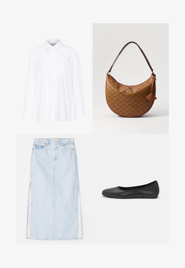 Valkoinen pitkähihainen kauluspaita, joka on valmistettu puuvillasta. Paidassa on napitettava etuosuus ja yksi rintatasku. Pehmeä pinta, rento malli.; Vaaleansininen farkkumaxi-hame, jossa on suora leikkaus, sivuaukot ja viisitaskumallinen muotoilu. Korostetut saumat ja metallinappikiinnitys.; Musta nahkainen ballerina, jossa on pyöristetty kärki, sileä pinta, minimaalinen ommelkoristelu ja joustava pohjamuotoilu.; Ruskea kuvioitu olkalaukku, jossa on kaareva muoto, nahkareunus ja pieni riipus kiinnitettynä. Siinä on sileä pinta ja säädettävä hihna.