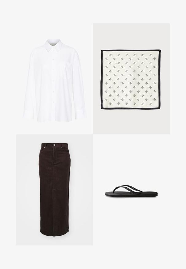 Valge pika käisega krae särg, mis on valmistatud puuvillast. Omab nööbipaneeli esiosa ja ühte rinna taskut. Sujuv tekstuur, vabalt lõigatud.; Pruunist korduroost valmistatud maksiskirt, millel on vertikaalne ribimine, sirge lõige, esine nupulukk ja kaks kül pocketi.; Mustad mustes suss, millel on tekstureeritud kummist põhi, kaks peenikest rihma ja tagasihoidlik, reljeefne logo detail rihmal.; Valge siidist sall, millel on korduv must geomeetriline muster, ümbritsetud soliidse musta äärega. Kerge ja sujuva tekstuuriga.