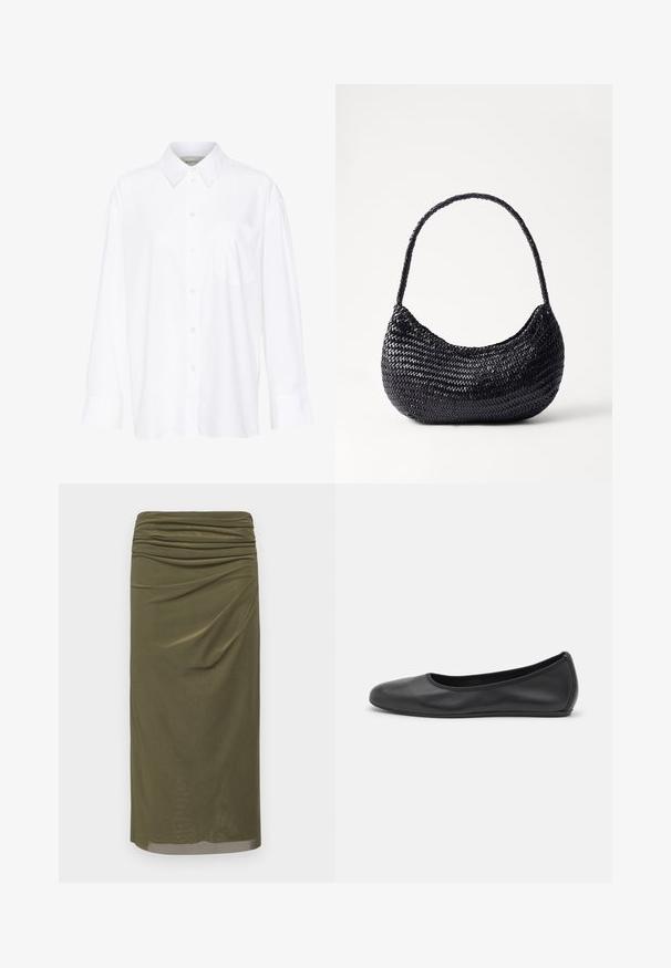 White long-sleeve collared shirt made of cotton. Features a button-down front and a single chest pocket. Smooth texture, relaxed fit.; Olive green midi skirt made from smooth fabric, featuring gathered detailing at the waist and a straight silhouette with a subtle sheen.; Black leather ballet flat with a rounded toe, smooth texture, minimal stitching detail, and a flexible sole design.; DRAGON DIFFUSION NOVA LUNA - Handbag - black