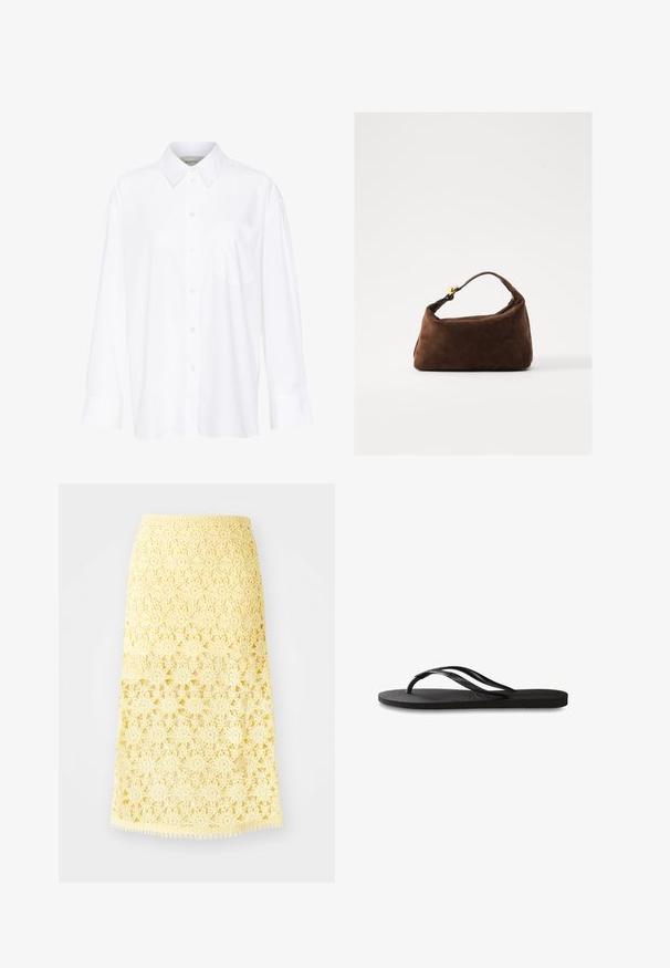 White long-sleeve collared shirt made of cotton. Features a button-down front and a single chest pocket. Smooth texture, relaxed fit.; Yellow crochet midi skirt with star floral patterns, featuring a scalloped hemline and a textured finish. Elastic waistband for fit.; Black flip-flop featuring a textured rubber sole, two slender straps, and a subtle, embossed logo detail on the strap.; Brown suede handbag with a curved shape, short handle, and gold hardware accents. Smooth texture and minimalistic design.