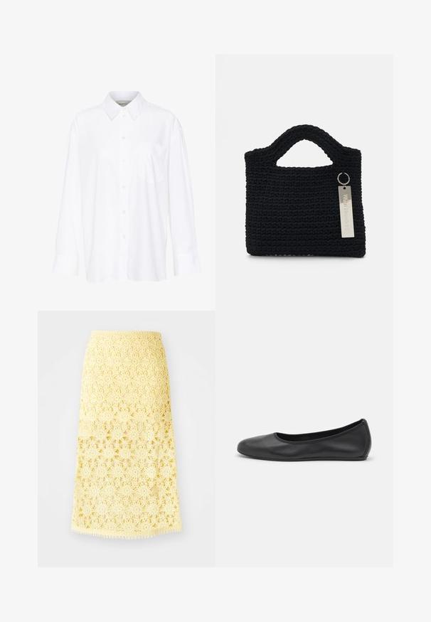 Witte lange mouwen overhemd met kraag van katoen. Voorzien van een knoopsluiting aan de voorkant en een enkele borstzak. Een gladde textuur en een ontspannen pasvorm.; Geel gehaakte midi rok met sterrenbloempatronen, voorzien van een golvende zoom en een gestructureerde afwerking. Elastische tailleband voor een goede pasvorm.; Zwarte leren ballerina met een ronde neus, gladde textuur, minimale stikdetails en een flexibele zoolontwerp.; Won Hundred MARSIELLE COMPUTER BAG UNISEX - Laptoptas - black