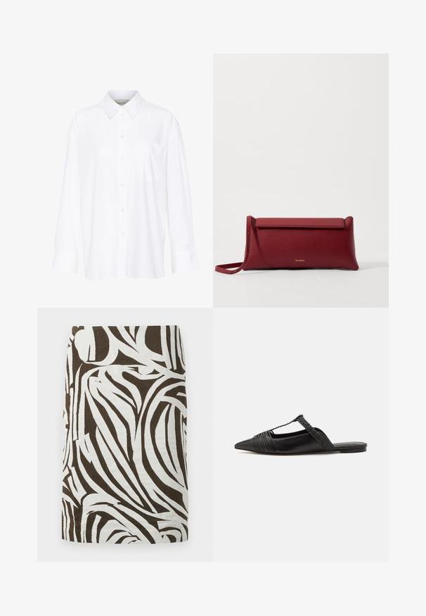Biela košeľa s dlhým rukávom a golierom vyrobená z bavlny. Má zapínanie na gombíky vpredu a jednu náprsníku vrecko. Hladká textúra, voľný strih.; Hnedá a biela ceruzková sukňa s abstraktným vzorom pripomínajúcim zebru, dĺžka po kolená a rovný strih.; Čierne kožené sandále so špičatou špičkou, ktoré majú tkaný detail a zborený dizajn vrchnej časti. Plochá podrážka s minimálnym hardvérom.; Červená kožená klúčenka s textúrovaným povrchom, má plochý preklápací vrch a krátky popruh. Na prednej strane je jemné logo značky.