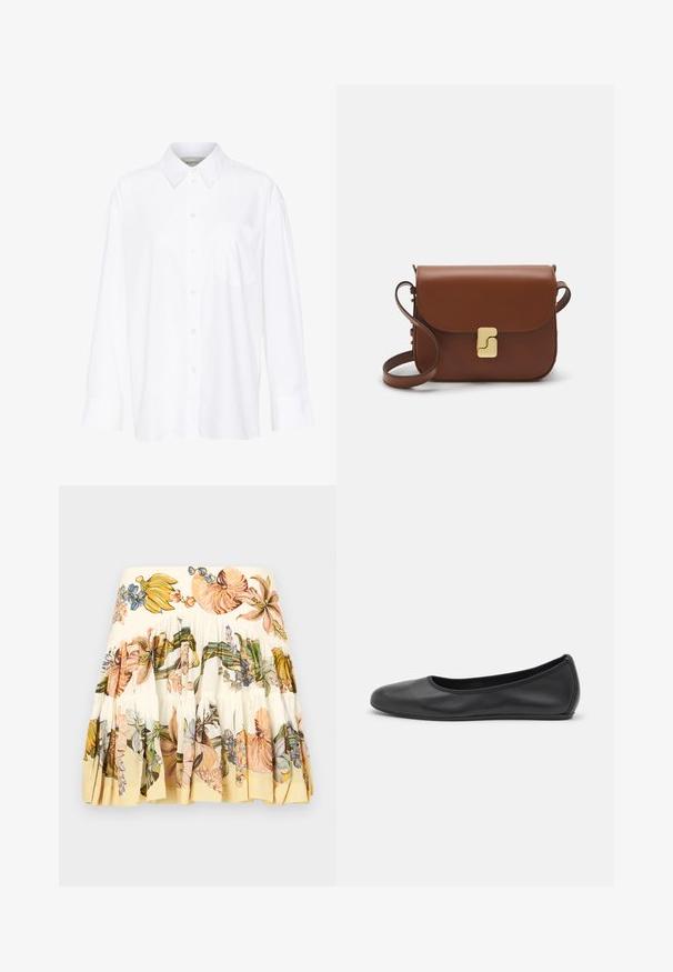 Baltais garo piedurkņu krekls ar apkakli, izgatavots no kokvilnas. Aprīkots ar pogu aizdari priekšā un vienu krūšu kabatu. Gluda tekstūra, brīvs piegriezums.; Ziedu rakstainā svārku kleita krēmkrāsā, kurā ir lieli krāsaini ziedu un augļu attēli. Mīksts audums, volānu apakšmala un elastīga josta.; Melna ādas baleta kurpe ar noapaļotu purngalu, gludu tekstūru, minimālu šuvju detalizāciju un elastīgu zoles dizainu.; Bordo ādas rokas soma ar atloku, zeltītām detaļām, plecu siksnu un gludu virsmu. Kompakta, taisnstūrveida forma.