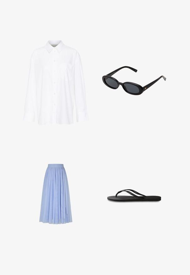 White long-sleeve collared shirt made of cotton. Features a button-down front and a single chest pocket. Smooth texture, relaxed fit.; Light blue pleated midi skirt with elastic waistband featuring subtle embossed branding and layered sheer fabric.; Black flip-flop featuring a textured rubber sole, two slender straps, and a subtle, embossed logo detail on the strap.; Black oversized sunglasses with oval lenses, smooth plastic frame, and gold accents on temple. Dark lenses provide sun protection.